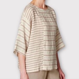 J. Jill Pure Jill Lagenlook Beige White Contrast Stripe Linen Dolman Top large